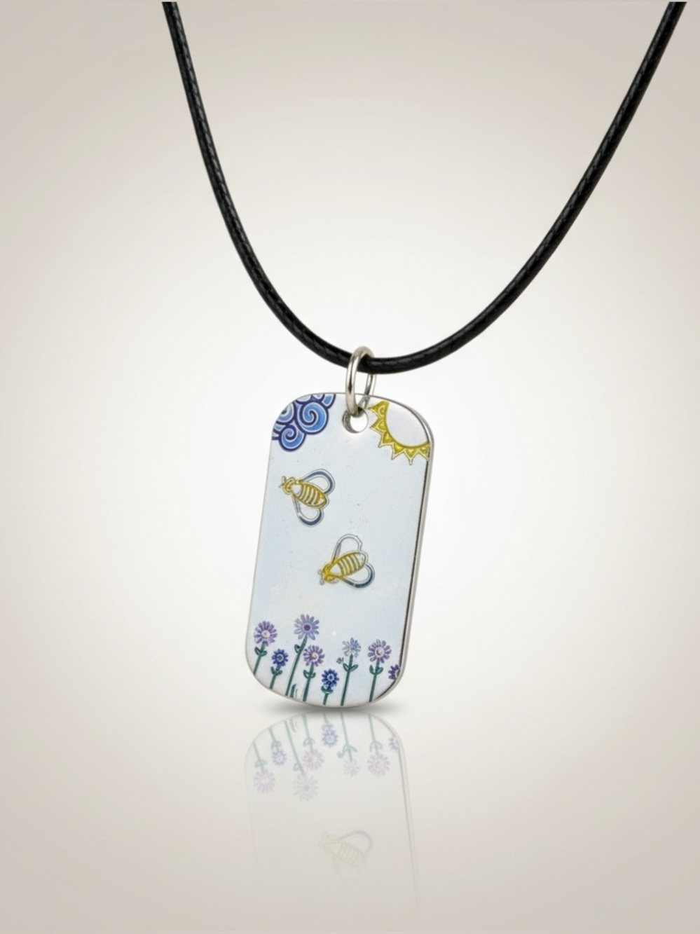 Handmade stamped bee nature scene dog tag pendant & black leather cord necklace